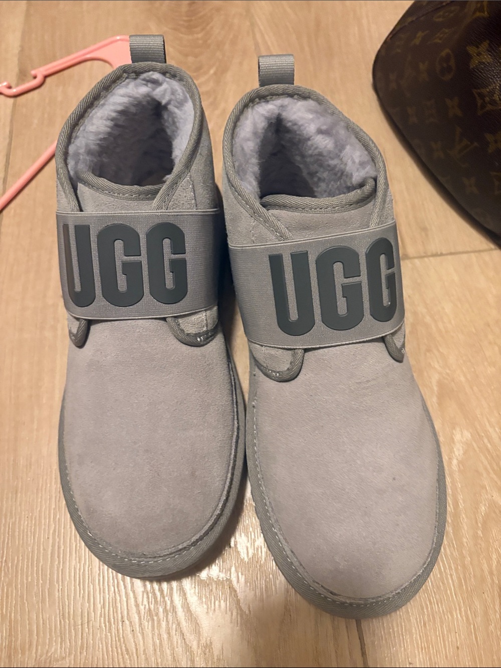 UGG Light Grey Suede Shearling Strap Booties
